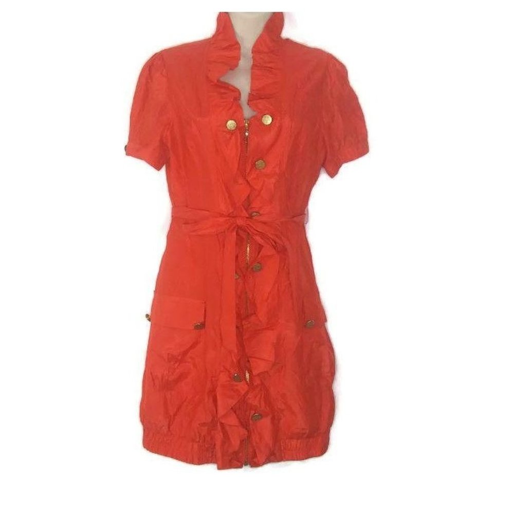 Si Style Coral Orange Gold Ruffle Zip Front Dress
